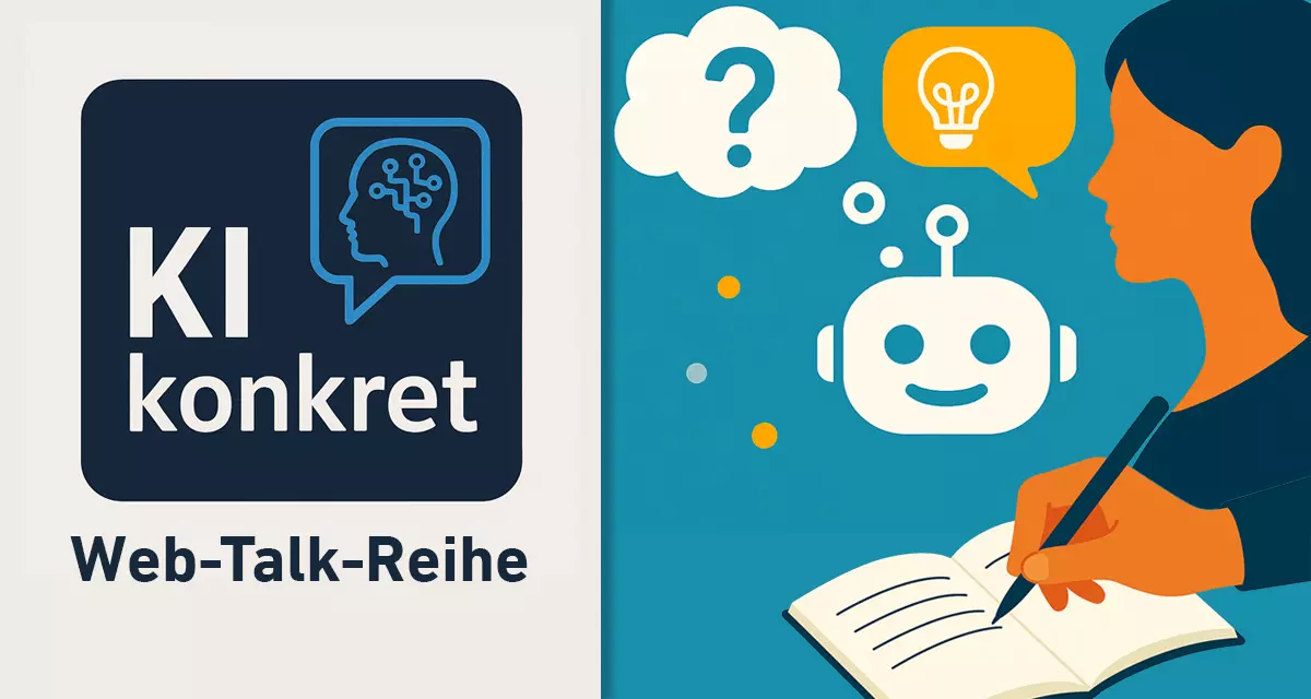 Logo: Web-Talk-Reihe KI konkret. Symbolgrafik: Frau, die eine Frage an KI stellt. Grafik und Logo: LpB, KI generiert (ChatGPT) Logo: Web-Talk-Reihe KI konkret. Symbolgrafik: Frau, die eine Frage an KI stellt. Grafik und Logo: LpB, KI generiert (ChatGPT)