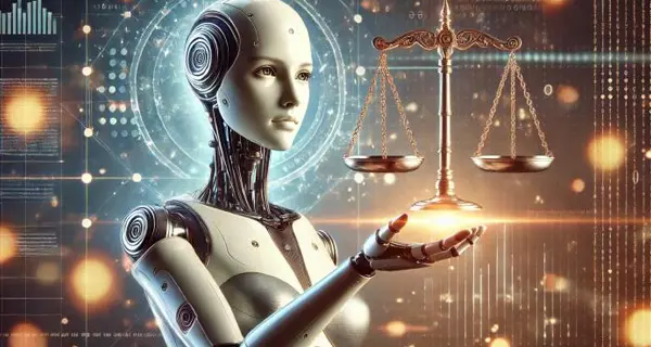 Symbolbild. KI Roboterfrau Gerechtigkeitswaage. Grafik: KI generiert Symbolbild. KI Roboterfrau Gerechtigkeitswaage. Grafik: KI generiert